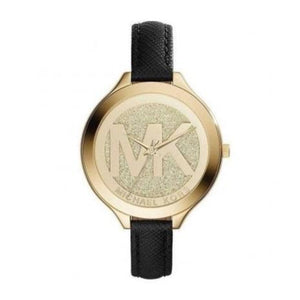 Buy Shop Michael Kors Slim Runway Quartz Gold Dial Black Leather Strap Watch For Women - MK2392 USA Online