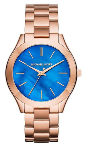 Buy Shop Michael Kors Slim Runway Quartz Blue Dial Rose Gold Steel Strap Watch For Women - MK3494 USA Online
