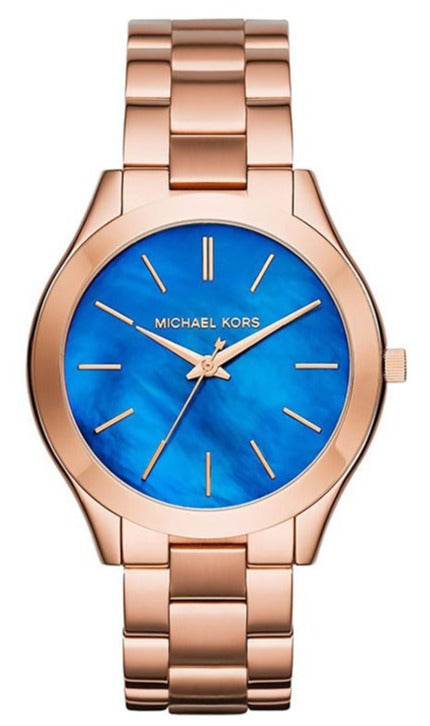 Buy Shop Michael Kors Slim Runway Quartz Blue Dial Rose Gold Steel Strap Watch For Women - MK3494 USA Online