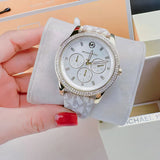 Buy Shop Michael Kors Tibby Multifunction Silver Dial White Leather Strap Watch For Women - MK6967 USA Online