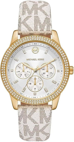 Buy Shop Michael Kors Tibby Multifunction Silver Dial White Leather Strap Watch For Women - MK6967 USA Online