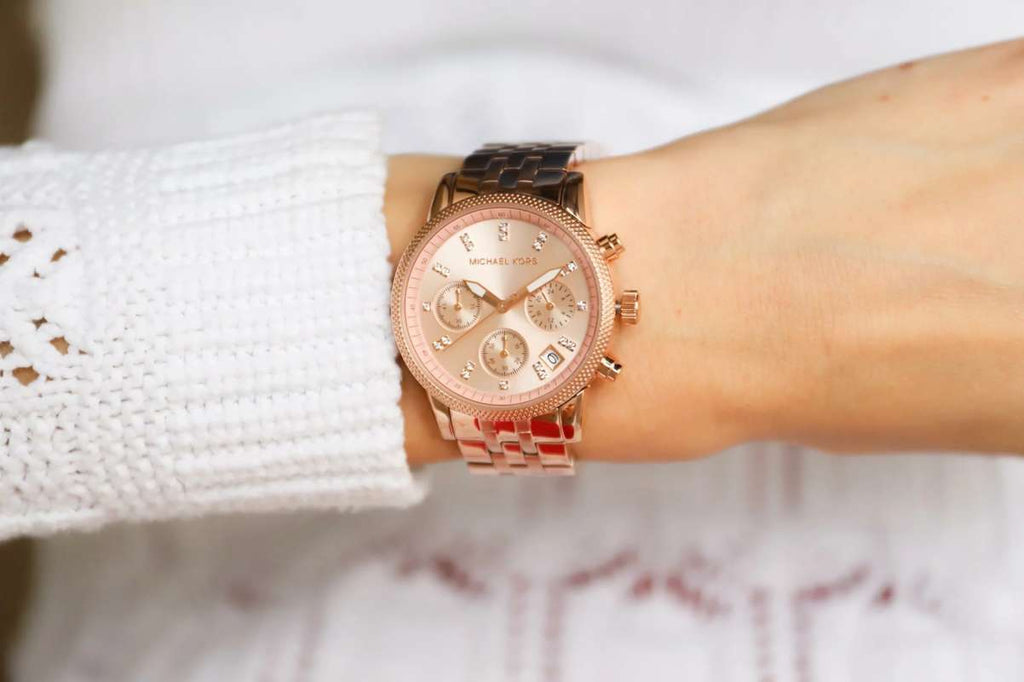 Buy Shop Michael Kors Ritz Chronograph Rose Gold Dial Rose Gold Steel Strap Watch for Women - MK6077 USA Online