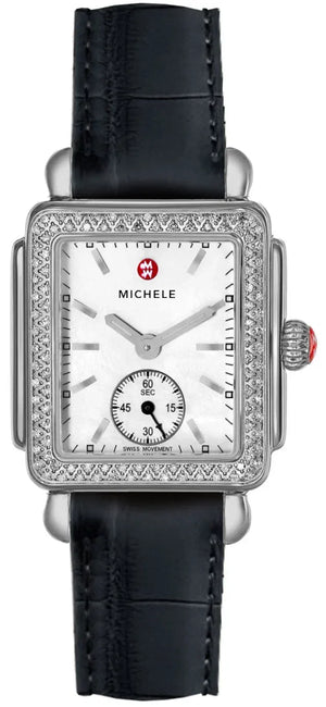Michele Deco Mother of Pearl Dial Black Leather Strap Watch For Women - MWW06V000005