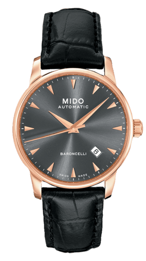 Buy Shop Mido Baroncelli III Automatic Grey Dial Black Leather Strap Watch For Men - M8600.3.13.4 USA Online