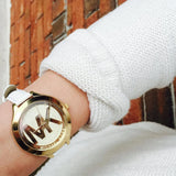 Buy Shop Michael Kors Slim Runway Quartz Gold Dial White Leather Strap Watch For Women - MK2389 USA Online