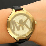 Buy Shop Michael Kors Slim Runway Quartz Gold Dial Black Leather Strap Watch For Women - MK2392 USA Online