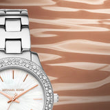 Buy Shop Michael Kors Liliane Three Hand Mother of Pearl White Dial Silver Steel Strap Watch For Women - MK4556 USA Online