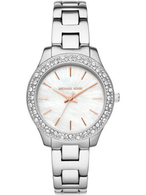 Buy Shop Michael Kors Liliane Three Hand Mother of Pearl White Dial Silver Steel Strap Watch For Women - MK4556 USA Online