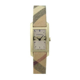 Burberry Pioneer Gold Dial Haymarket Beige Leather Strap Watch for Women - BU9509