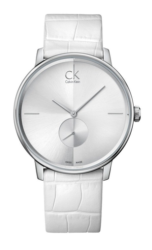 Calvin Klein Accent Silver Dial White Leather Strap Watch for Women - K2Y211K6