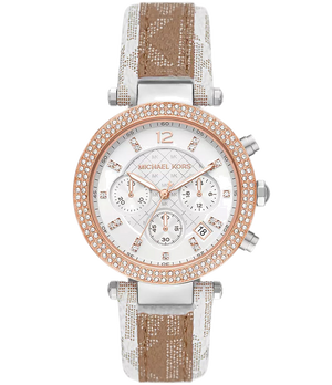 Buy Shop Michael Kors Parker Chronograph White Dial Two Tone Leather Strap Watch For Women - MK6950 USA Online
