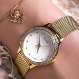 Guess Chelsea Crystals Mother of Pearl White Dial Gold Mesh Bracelet Watch For Women - W0647L7