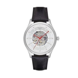 Buy Shop Emporio Armani Meccanico Silver Skeleton Dial Black Leather Strap Watch For Men - AR2072 USA Online