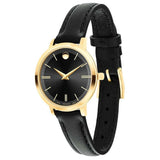 Movado Ultra Slim Black Dial Black Leather Strap Watch For Women -  0607095