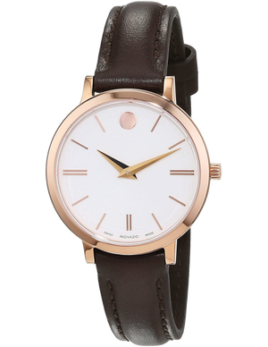 Buy Shop Movado Ultra Slim White Dial Brown Leather Strap Watch For Women - 0607096 USA Online
