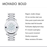 Buy Shop Movado Bold Crystal Pave Silver Dial Silver Steel Strap Watch for Women - 3600254 USA Online