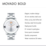 Buy Shop Movado Bold Silver Dial Silver Steel Strap Watch For Women - 3600084 USA Online
