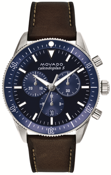 Buy Shop Movado Heritage 29mm Chronograph Blue Dial Brown Leather Strap Watch For Men - 3650061 USA Online