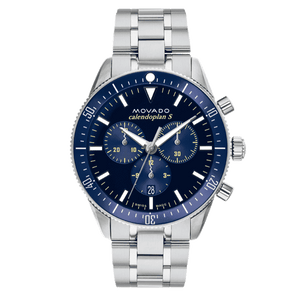 Buy Shop Movado Heritage Calendoplan Chronograph Blue Dial Silver Steel Strap Watch For Men - 3650124 USA Online