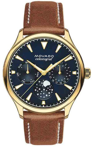 Buy Shop Movado Heritage Celestograf Navy Blue Dial Brown Leather Strap Watch For Women - 3650010 USA Online