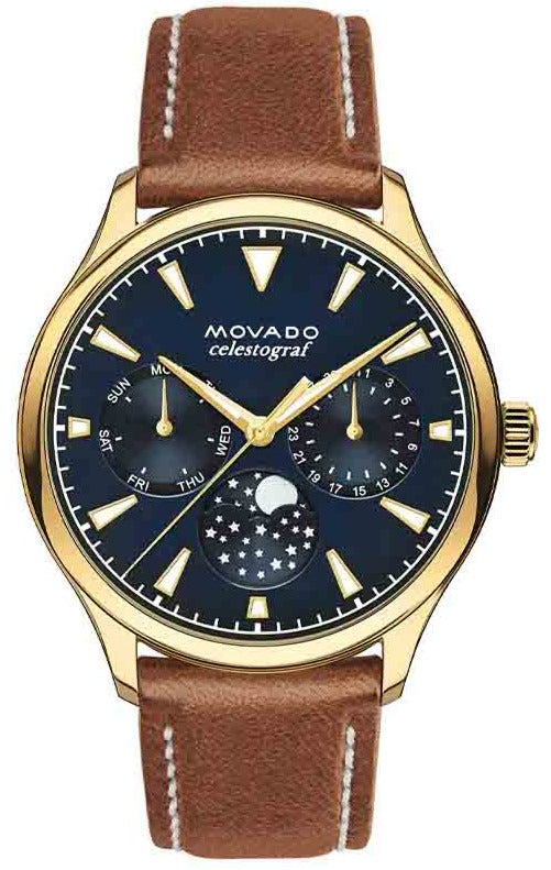Buy Shop Movado Heritage Celestograf Navy Blue Dial Brown Leather Strap Watch For Women - 3650010 USA Online