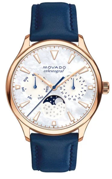 Buy Shop Movado Heritage Celestograf White Mother of Pearl Dial Blue Leather Strap Watch For Women - 3650011 USA Online