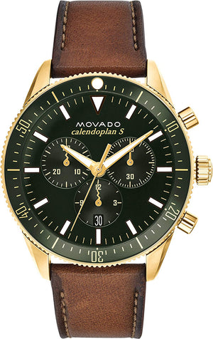 Buy Shop Movado Heritage Chronograph Green Dial Brown Leather Strap Watch For Men - 3650062 USA Online