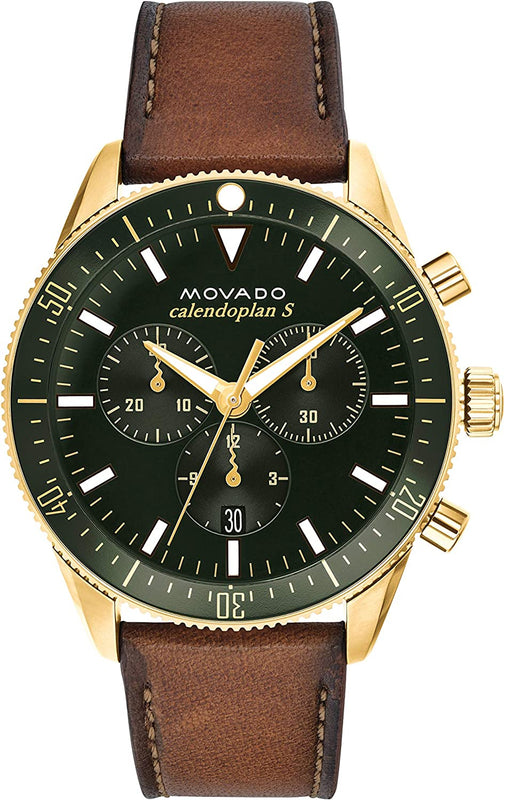 Buy Shop Movado Heritage Chronograph Green Dial Brown Leather Strap Watch For Men - 3650062 USA Online