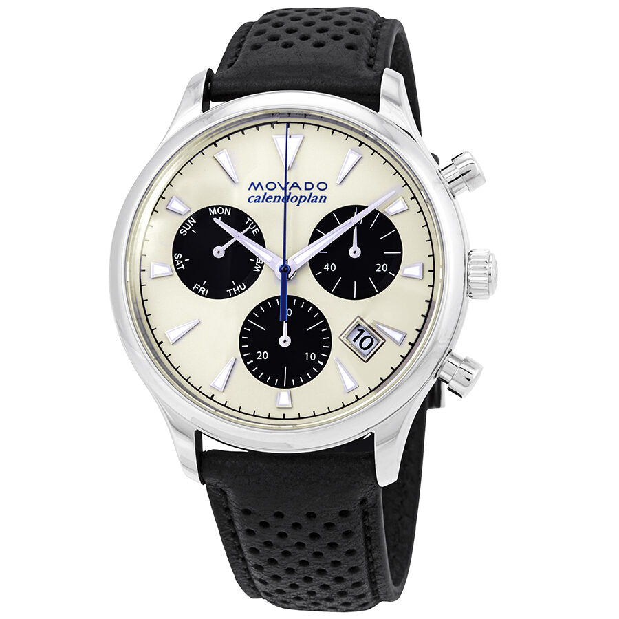 Buy Shop Movado Heritage Calendoplan Chronograph Silver Dial Black Leather Strap Watch for Men - 3650024 USA Online