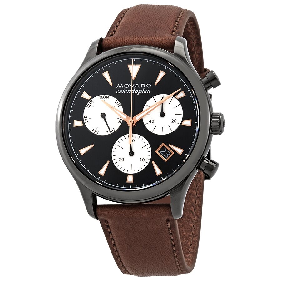 Buy Shop Movado Heritage Calendoplan Chronograph Black Dial Brown Leather Strap Watch for Men - 3650022 USA Online