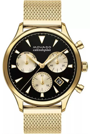 Buy Shop Movado Heritage Calendoplan Chronograph Black Dial Gold Mesh Strap Watch for Men - 3650098 USA Online