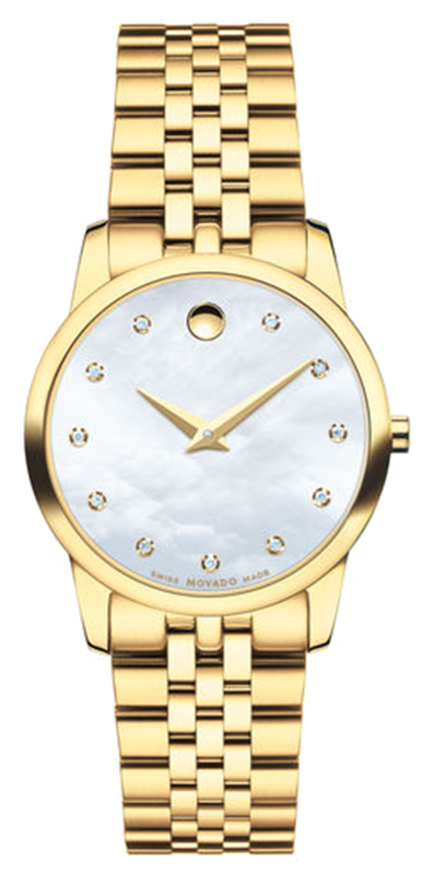 Buy Shop Movado Museum Classic Diamonds Mother of Pearl Dial Gold Steel Strap Watch For Women - 0606998 USA Online
