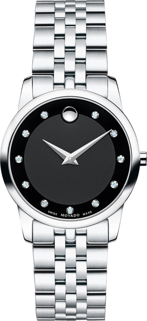 Movado Museum Classic Black Dial Silver Steel Strap Watch For Women - 0606858