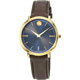 Movado Ultra Slim Blue Dial Brown Leather Strap Watch For Men - 0607088