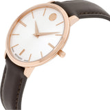 Movado Ultra Slim Silver Dial Brown Leather Strap Watch For Women - 0607093