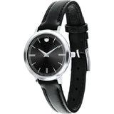 Movado Ultra Slim Black Dial Black Leather Strap Watch For Women - 0607094