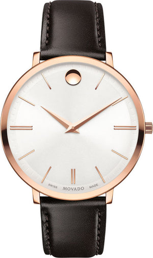 Movado Ultra Slim Silver Dial Brown Leather Strap Watch For Women - 0607093