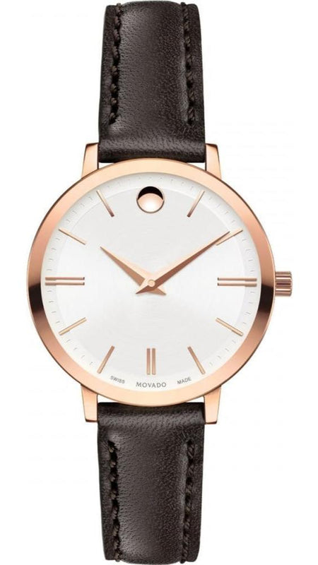 Buy Shop Movado Ultra Slim White Dial Brown Leather Strap Watch For Women - 0607096 USA Online