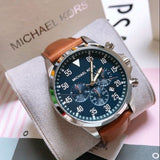 Buy Shop Michael Kors Gage Chronograph Blue Dial Brown Leather Strap Watch For Men - MK8362 USA Online