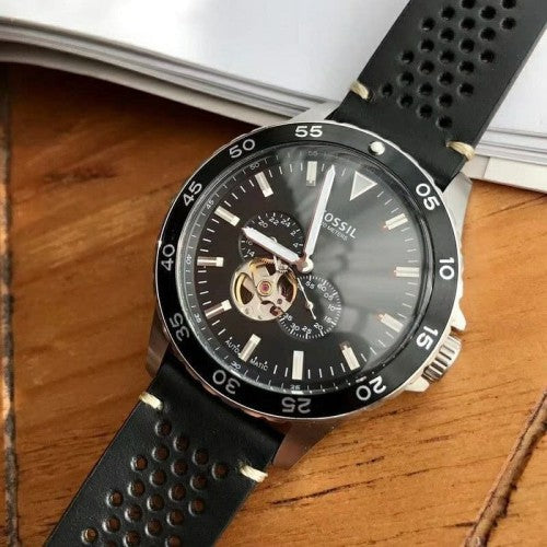 Buy Shop Fossil Crewmaster Sports Automatic Black Dial Black Leather Strap Watch for Men - ME3148 USA Online