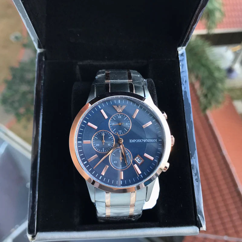 Buy Shop Emporio Armani Renato Chronograph Blue Dial Two Tone Steel Strap Watch For Men - AR80025 USA Online