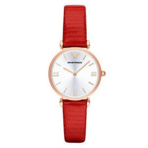 Buy Shop Emporio Armani Gianni T Bar Silver Dial Red Leather Strap Watch For Women - AR1876 USA Online