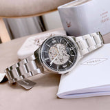 Buy Shop Fossil Forrester Automatic Skeleton Black Dial Silver Steel Strap Watch for Men - ME3180 USA Online