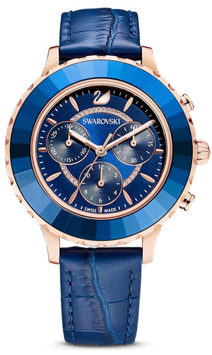 Swarovski Octea Lux Chrono Blue Dial Blue Leather Strap Watch for Women - 5563480