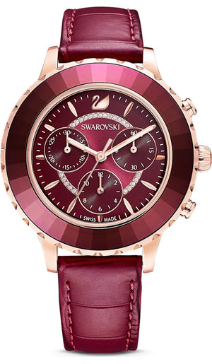 Swarovski Octea Lux Chrono Red Dial Red Leather Strap Watch for Women - 5547642