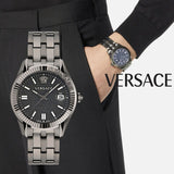 Versace Greca Time Quartz Black Dial Grey Steel Strap Watch for Men  - VE3K00622