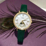 Buy Shop Fossil Jacqueline Multifunction Moonphase Mother of Pearl White Dial Green Leather Strap Watch for Women - ES5244 USA Online