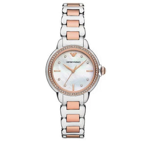 Buy Shop Emporio Armani Three Hand Quartz Mother of Pearl Dial Two Tone Steel Strap Watch For Women - AR11569 USA Online