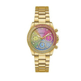 Guess Confetti Chronograph Rainbow Dial Gold Steel Strap Watch For Women - GW0483L4