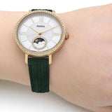 Fossil Jacqueline Multifunction Moonphase Mother of Pearl White Dial Green Leather Strap Watch for Women - ES5244